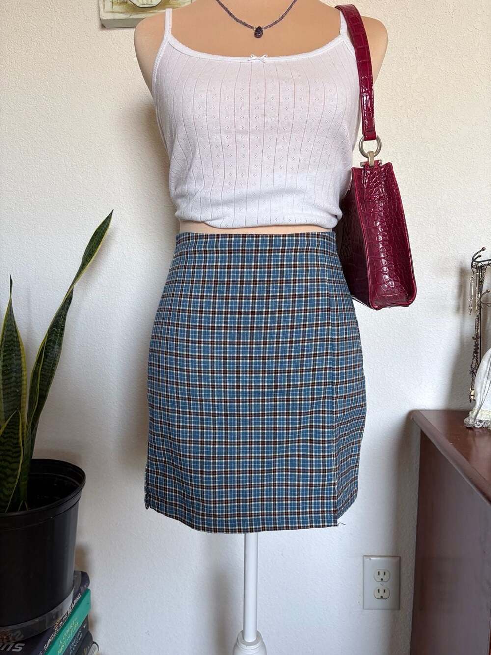 Brandy Melville John Galt Blue and Red Plaid Mini Skirt with Slit Details